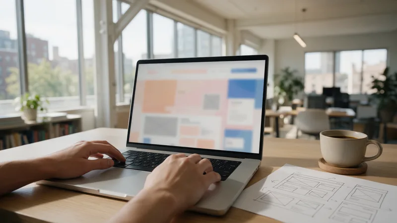 Mãos no teclado do notebook com o esboço do layout de um site no papel ao lado