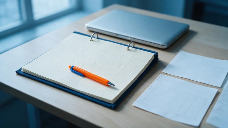 Agenda de argolas aberta ao lado de um notebook fechado e formulários em branco, com caneta laranja
