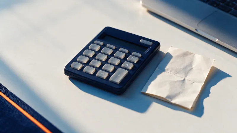 Calculadora e uma fatura de papel sobre mesa clara ao lado da quina de um notebook