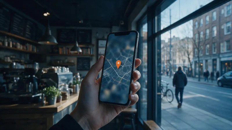 Mão segurando celular com um mapa e um marcador laranja, dentro de uma loja com vitrine para a rua