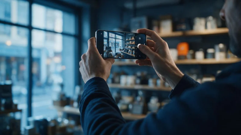 Pessoa fotografando o interior da própria loja com o celular, prateleiras ao fundo e luz azulada da vitrine