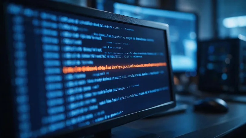 Janela de terminal com linhas de log desfocadas em azul e uma linha destacada em laranja