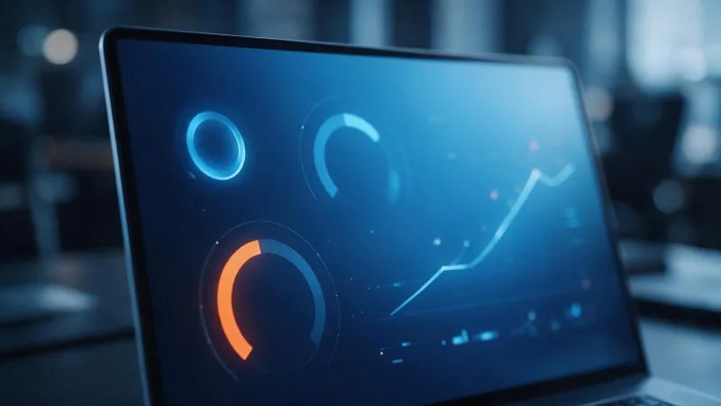Tela de notebook mostrando medidores circulares e uma linha ascendente em azul com destaque laranja