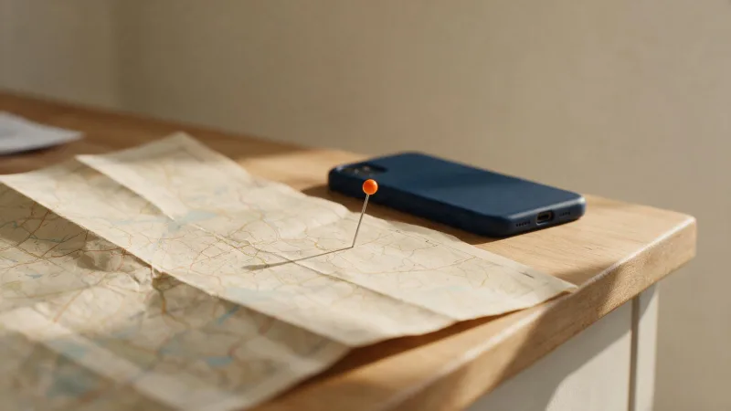 Mapa de papel dobrado sobre um balcão claro com alfinete laranja espetado e um celular apoiado ao lado