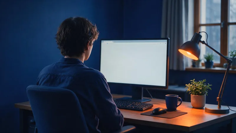 Pessoa de costas diante de um monitor exibindo página de erro em branco, em escritório de luz azulada