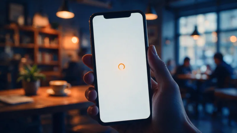 Mão segurando celular com página em branco ainda carregando, com indicador circular laranja na tela