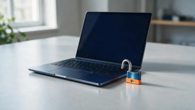 Notebook em mesa clara com um cadeado metálico aberto ao lado do teclado