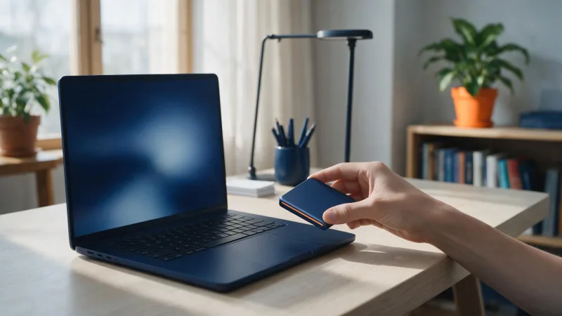 Mão segurando um SSD portátil acima de um notebook aberto sobre mesa clara
